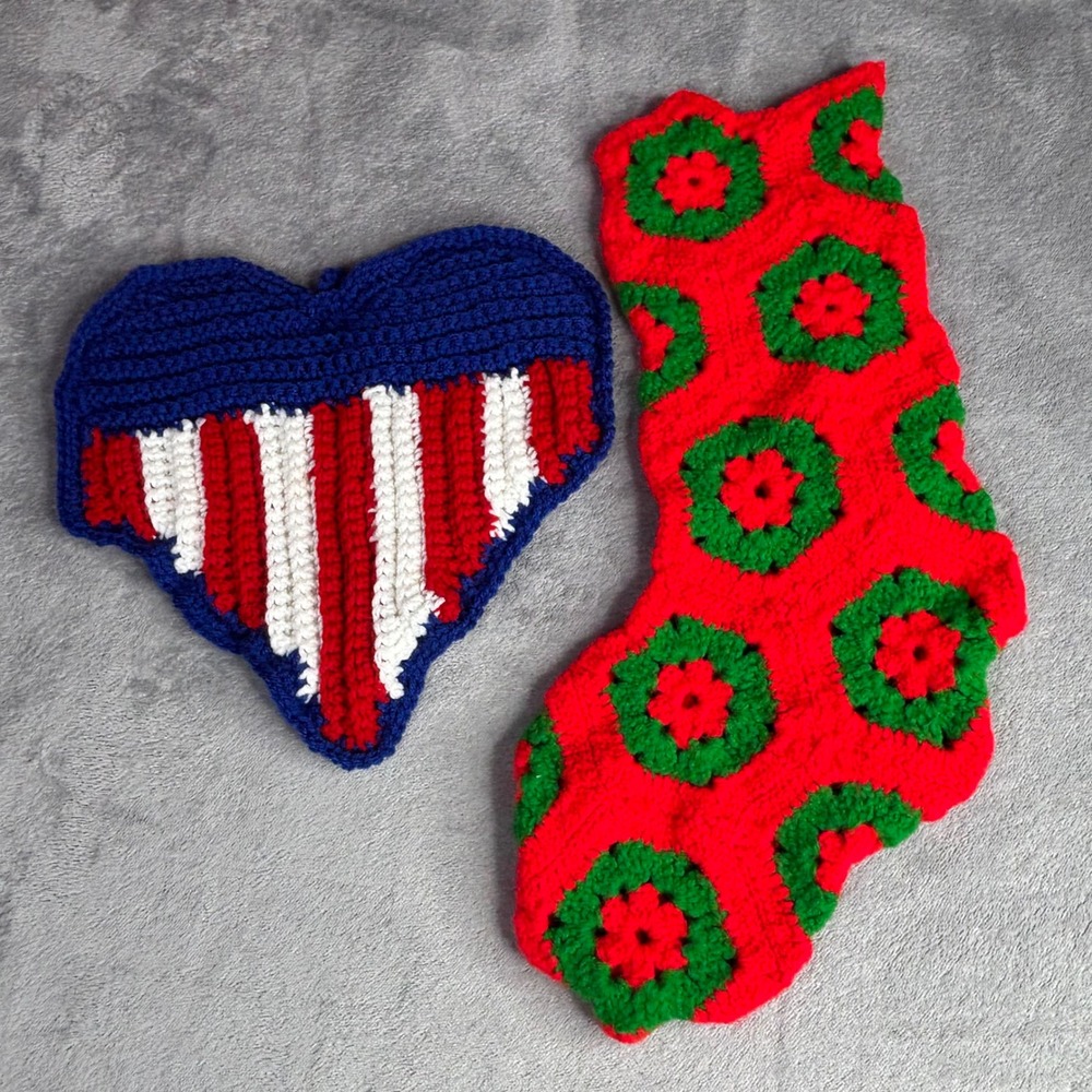 Vintage Crochet Holiday Set patriotic red blue Heart & Christmas Stocking